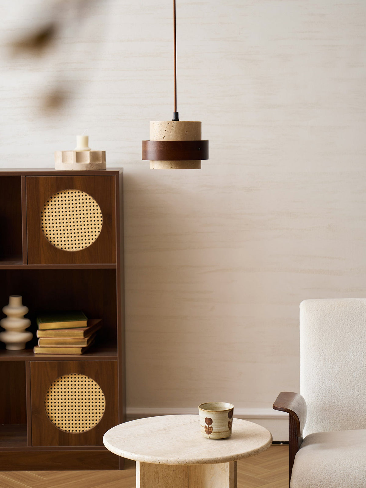 Terra | Natural Travertine Pendant Light with Walnut Band, Hanging Lamp for Dining Table