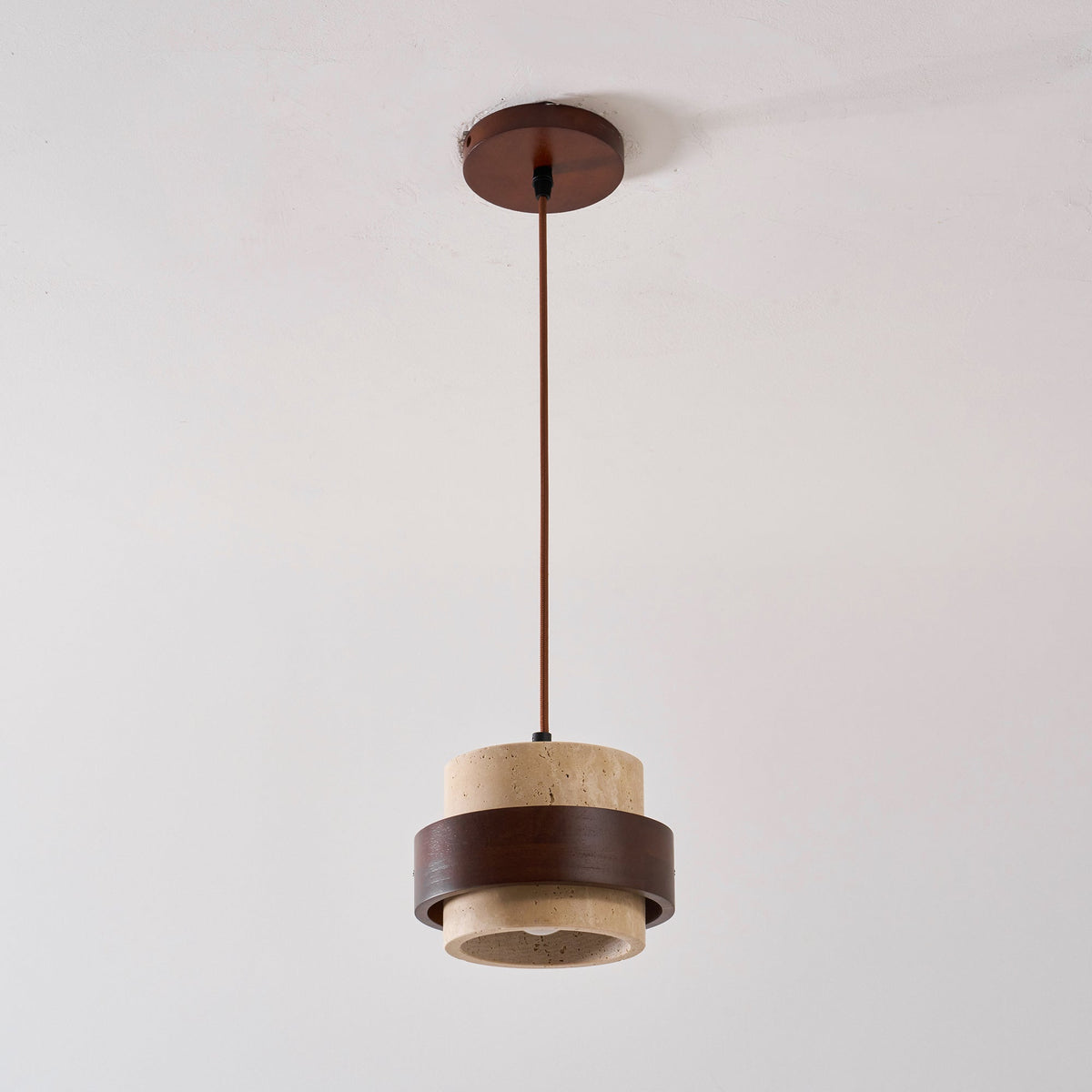 Terra | Natural Travertine Pendant Light with Walnut Band, Hanging Lamp for Dining Table