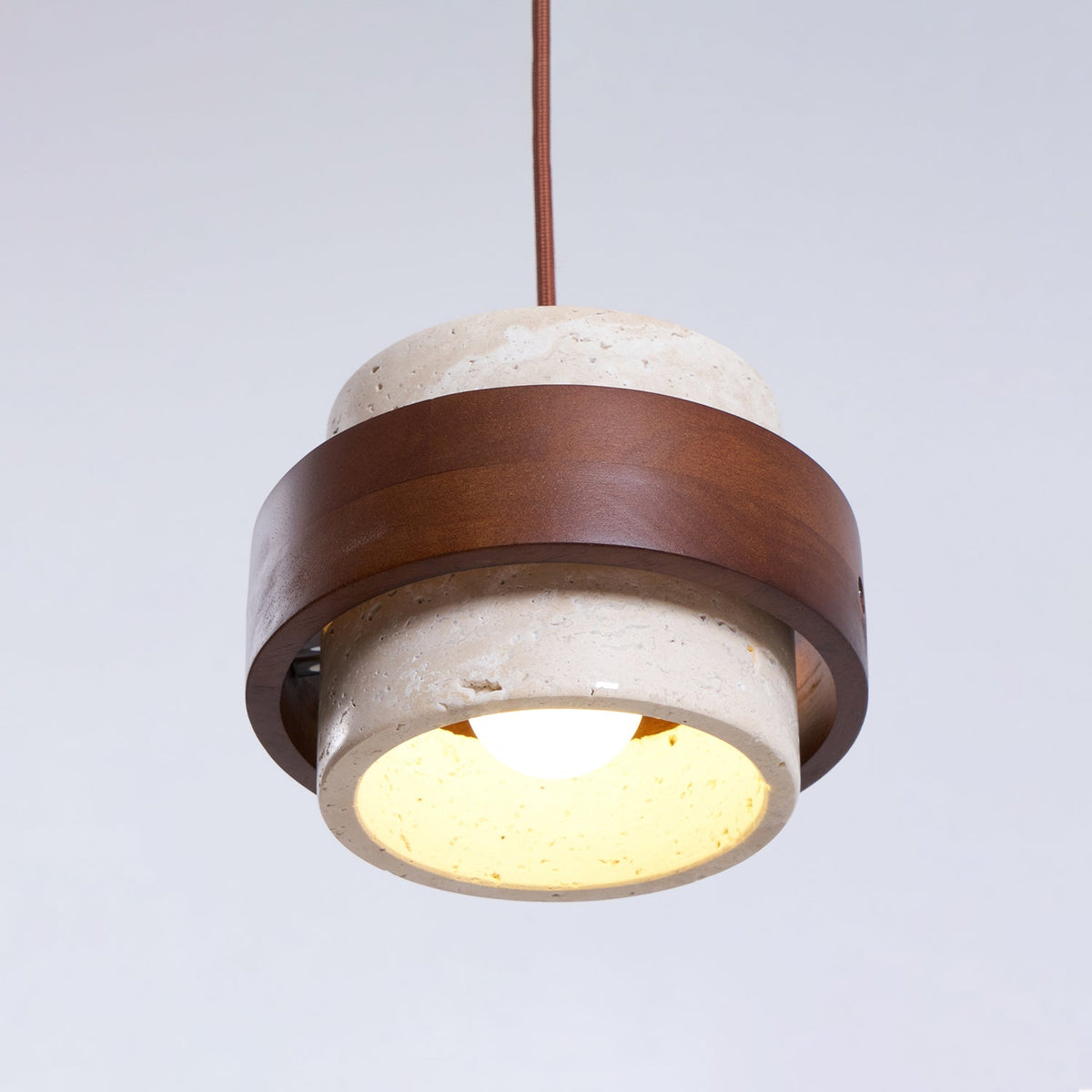 Terra | Natural Travertine Pendant Light with Walnut Band, Hanging Lamp for Dining Table
