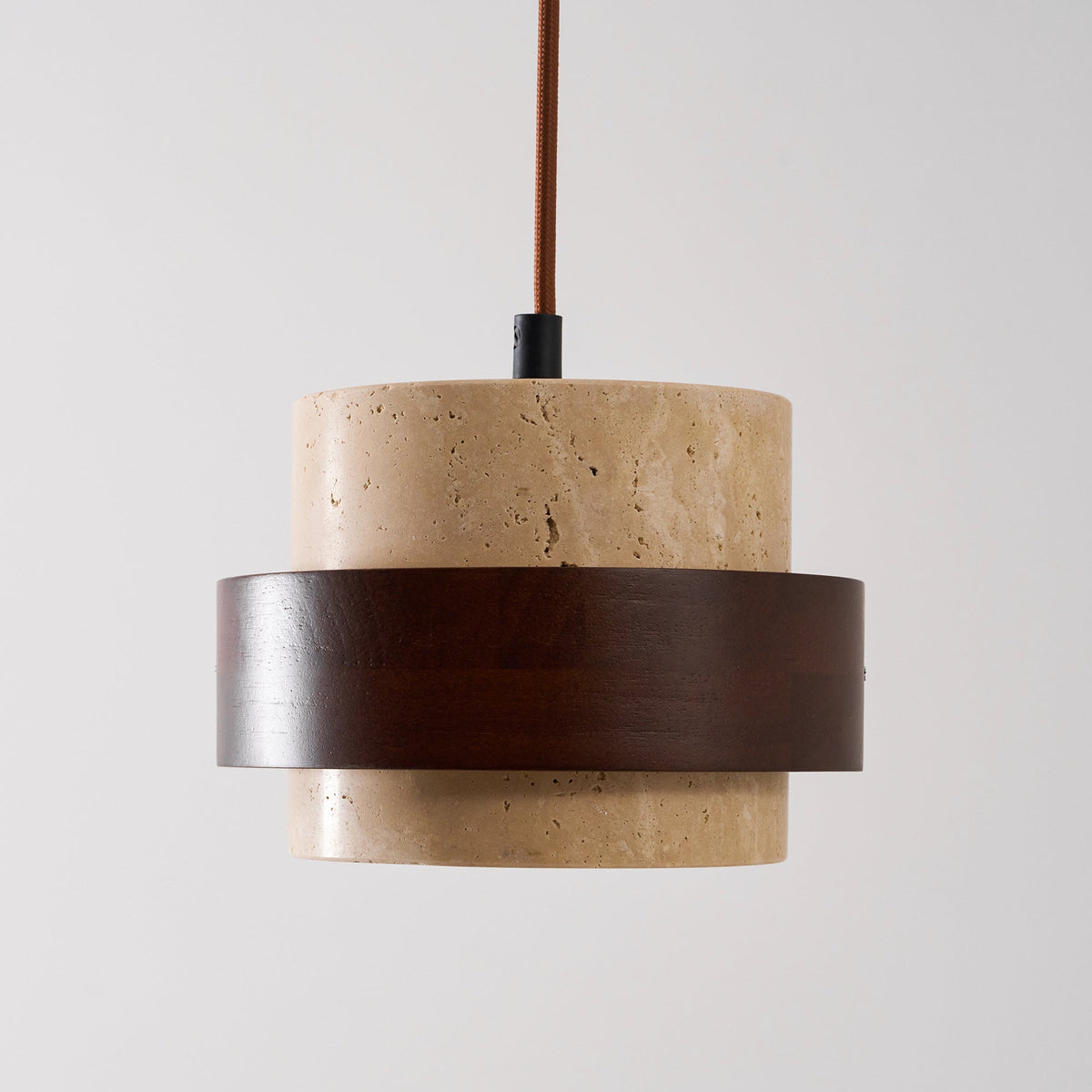 Terra | Natural Travertine Pendant Light with Walnut Band, Hanging Lamp for Dining Table