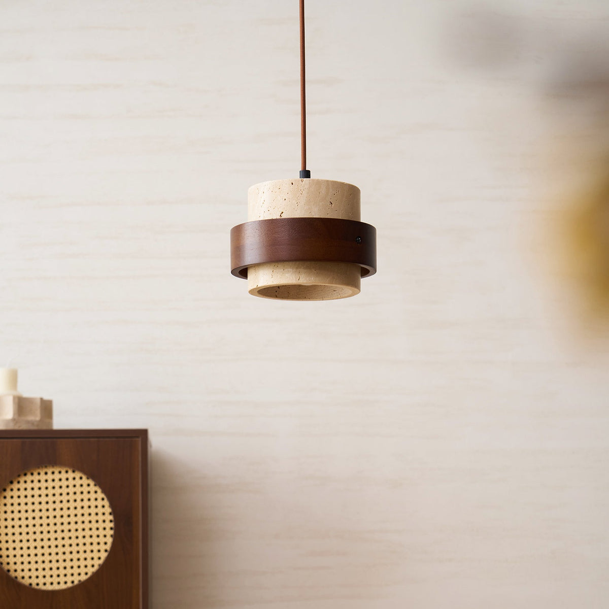Terra | Natural Travertine Pendant Light with Walnut Band, Hanging Lamp for Dining Table