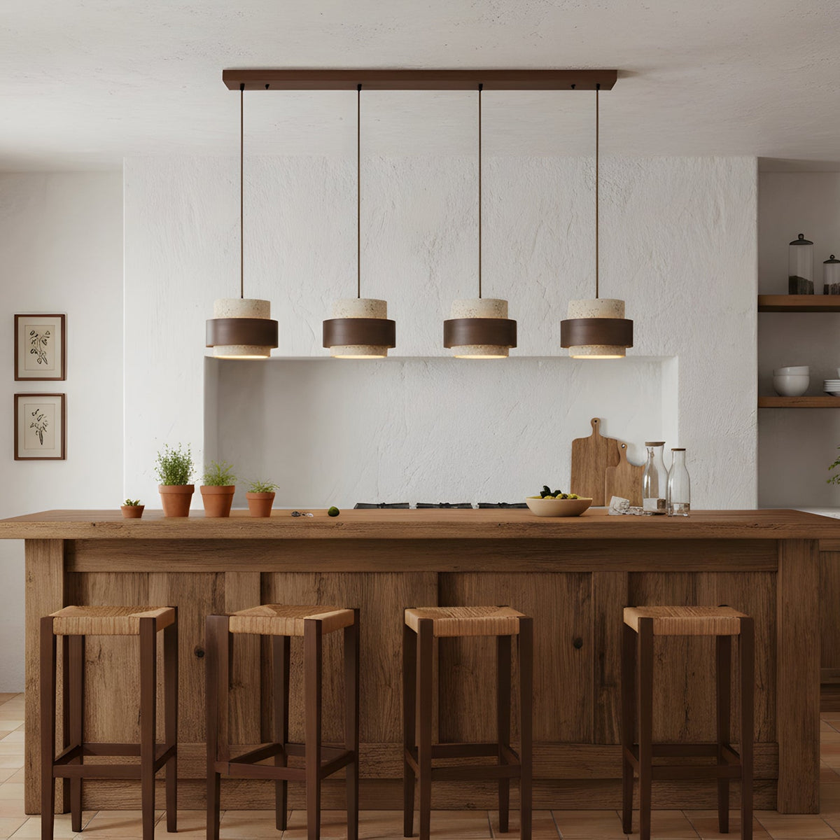 Terra | Natural Travertine Pendant Light with Walnut Band, Hanging Lamp for Dining Table
