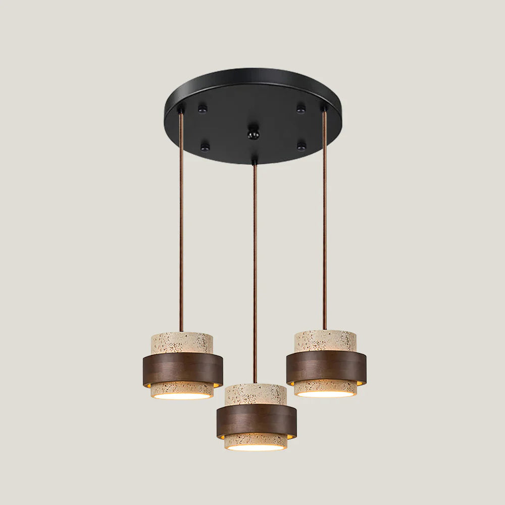 Terra | Natural Travertine Pendant Light with Walnut Band, Hanging Lamp for Dining Table