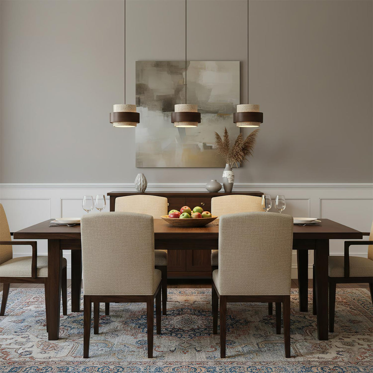 Terra | Natural Travertine Pendant Light with Walnut Band, Hanging Lamp for Dining Table