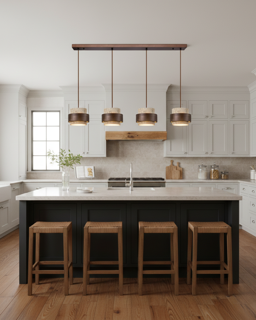Terra | Natural Travertine Pendant Light with Walnut Band, Hanging Lamp for Dining Table