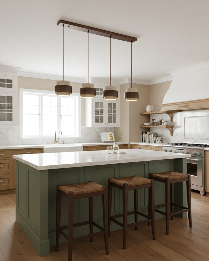 Terra | Natural Travertine Pendant Light with Walnut Band, Hanging Lamp for Dining Table