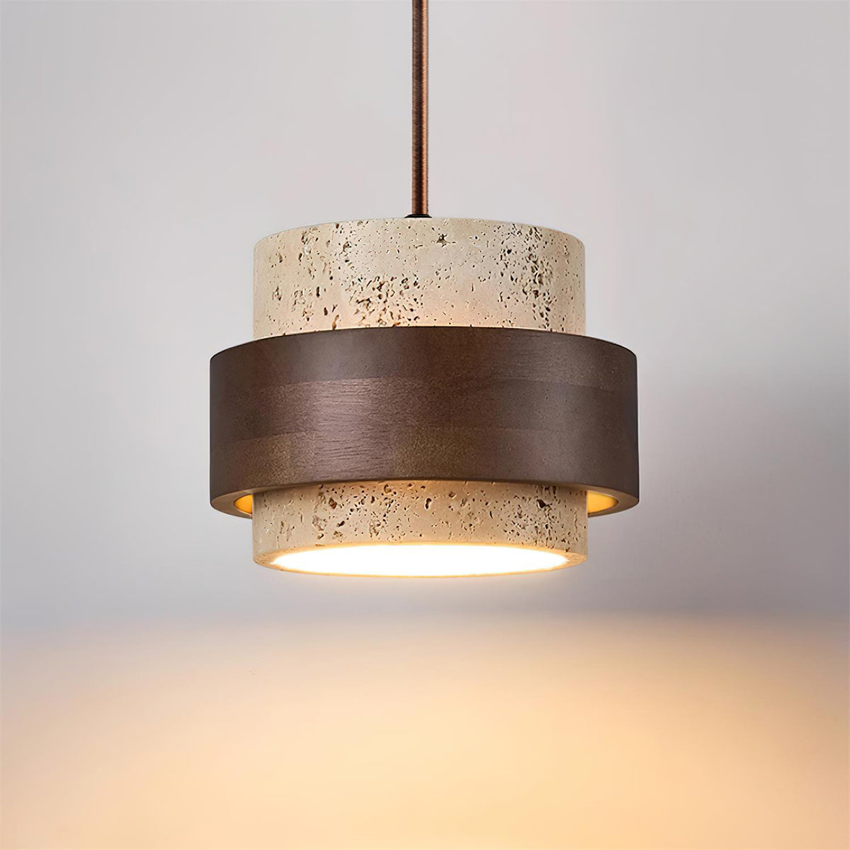 Terra | Natural Travertine Pendant Light with Walnut Band, Hanging Lamp for Dining Table