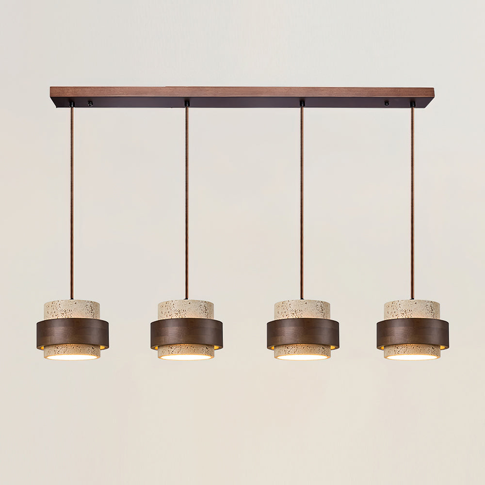 Terra | Natural Travertine Pendant Light with Walnut Band, Hanging Lamp for Dining Table
