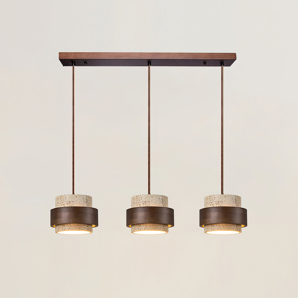 Terra | Natural Travertine Pendant Light with Walnut Band, Hanging Lamp for Dining Table