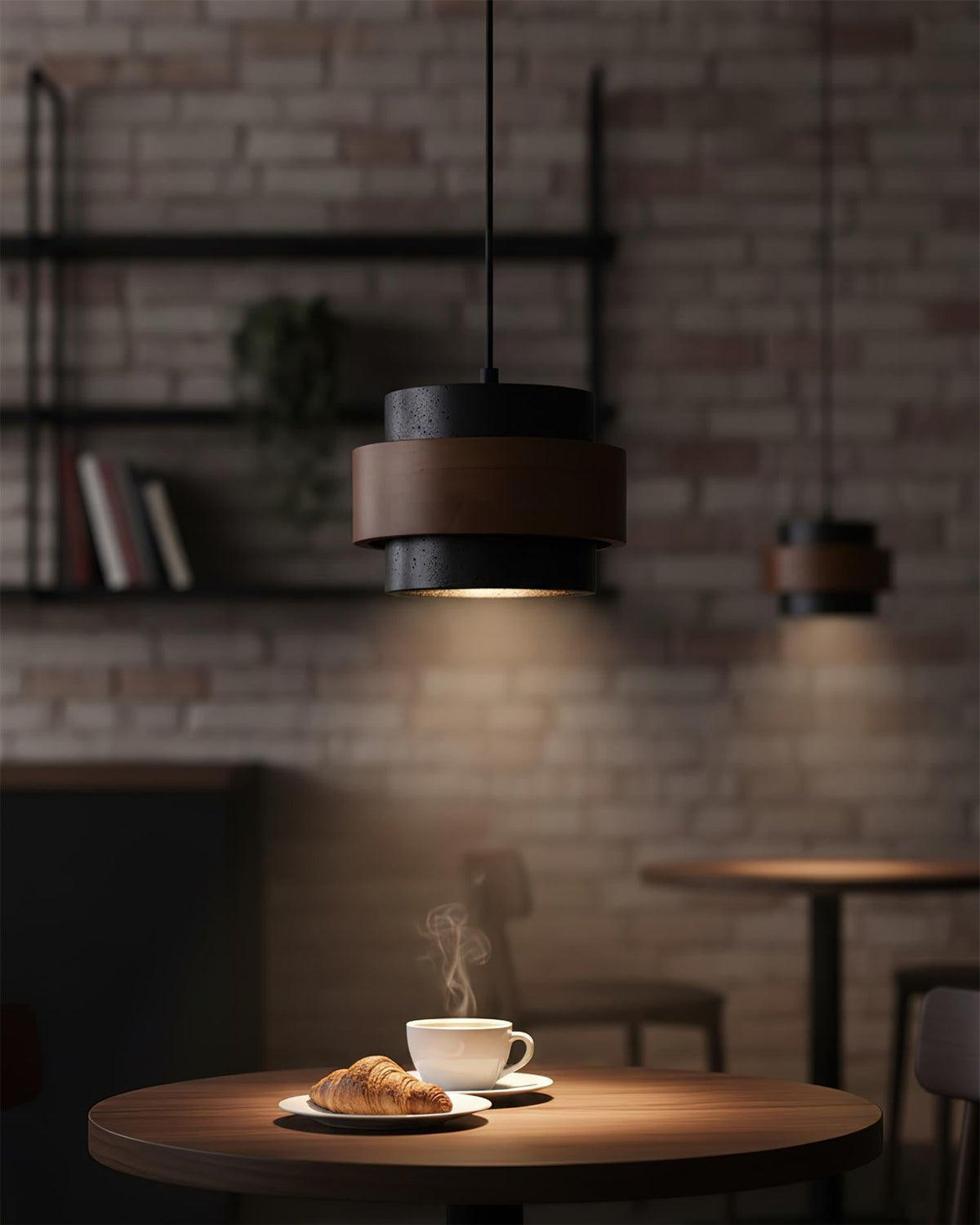 Terra | Natural Travertine Pendant Light with Walnut Band, Hanging Lamp for Dining Table