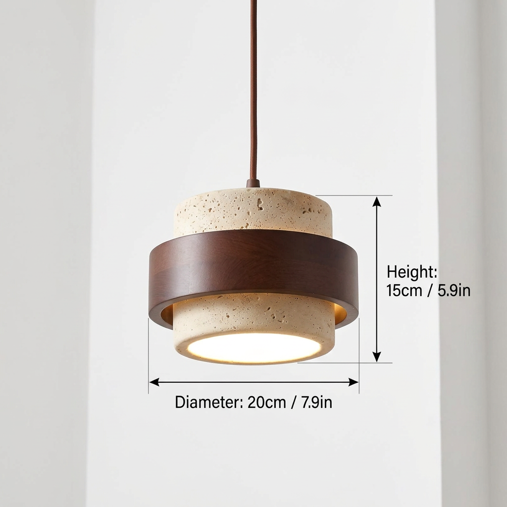 Terra | Natural Travertine Pendant Light with Walnut Band, Hanging Lamp for Dining Table