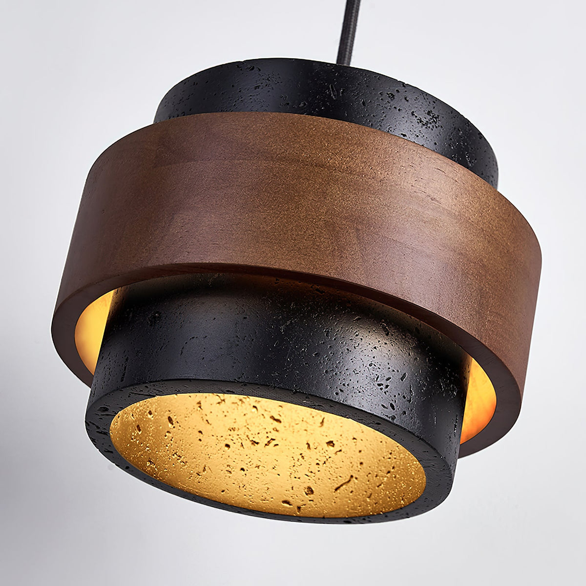 Terra | Natural Travertine Pendant Light with Walnut Band, Hanging Lamp for Dining Table