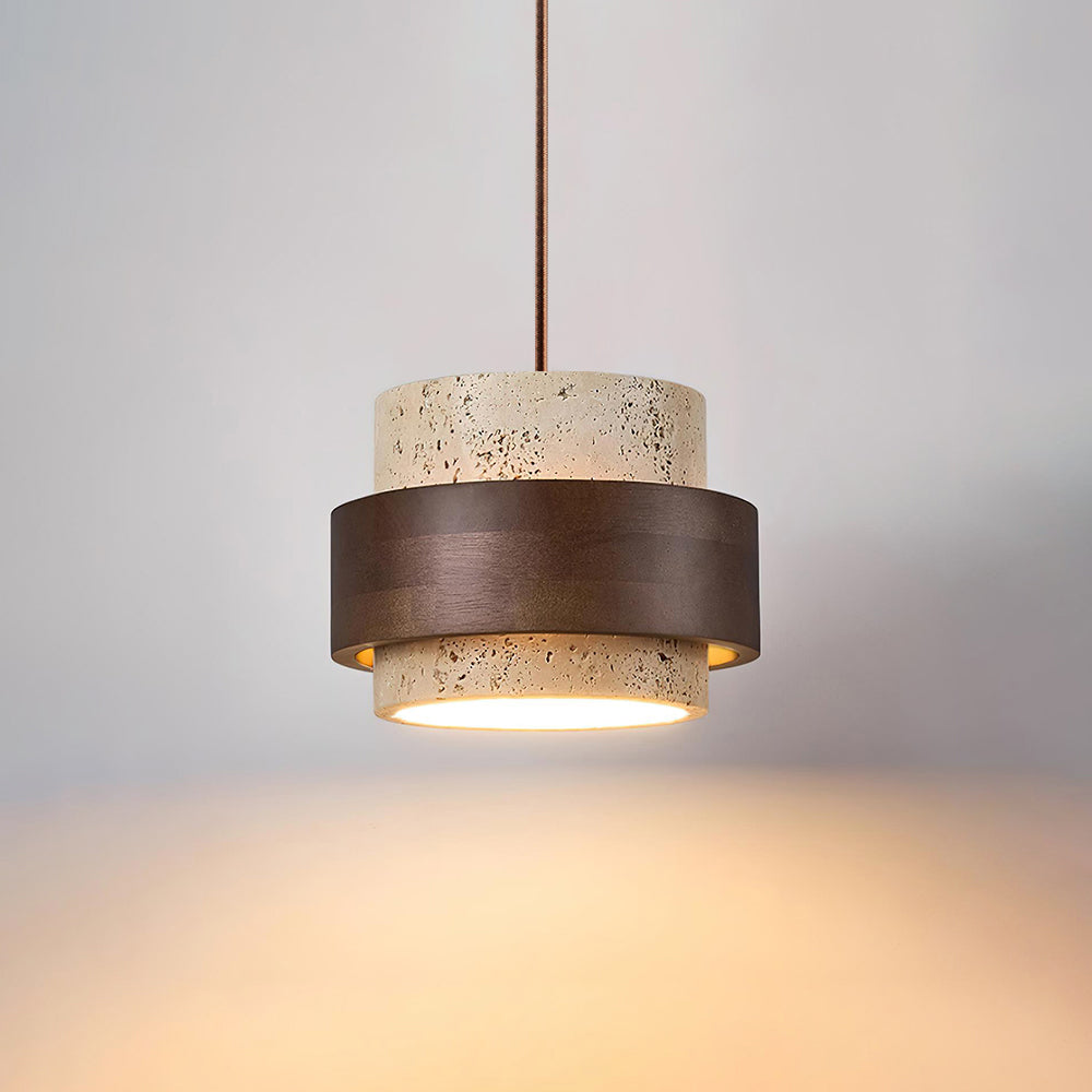 Terra | Natural Travertine Pendant Light with Walnut Band, Hanging Lamp for Dining Table