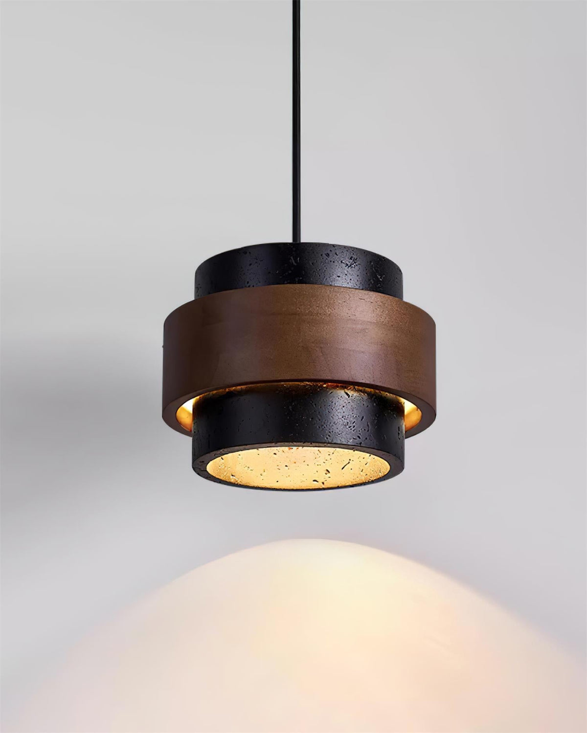 Terra | Natural Travertine Pendant Light with Walnut Band, Hanging Lamp for Dining Table