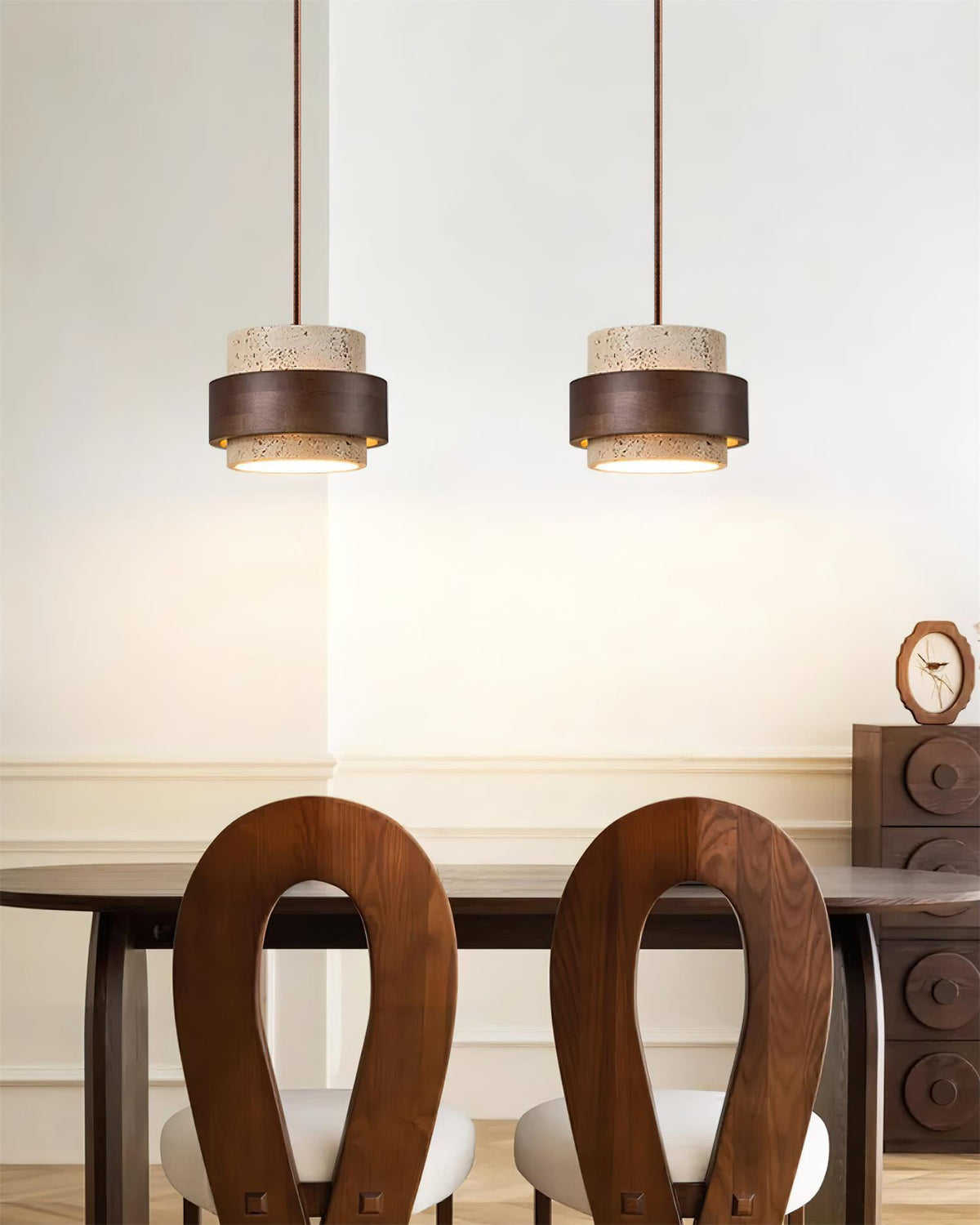 Terra | Natural Travertine Pendant Light with Walnut Band, Hanging Lamp for Dining Table