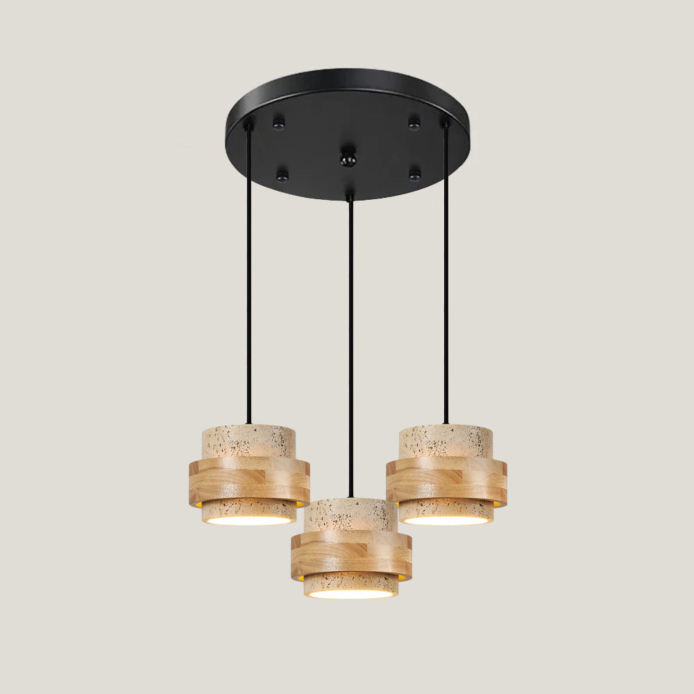 Terra | Natural Travertine Pendant Light with Walnut Band, Hanging Lamp for Dining Table