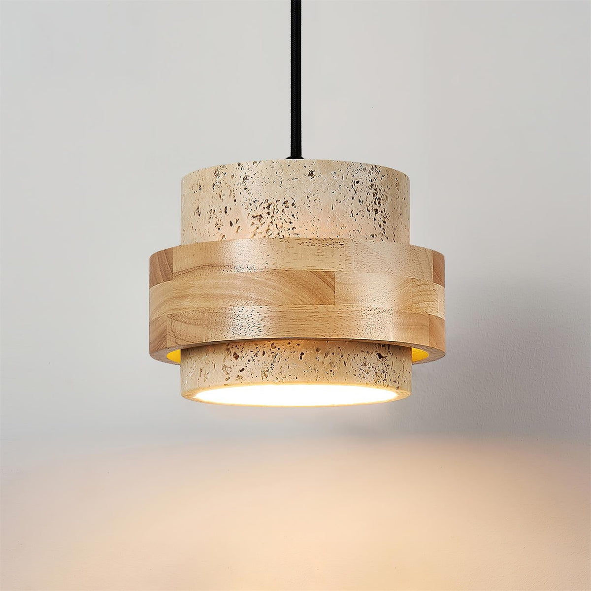 Terra | Natural Travertine Pendant Light with Walnut Band, Hanging Lamp for Dining Table