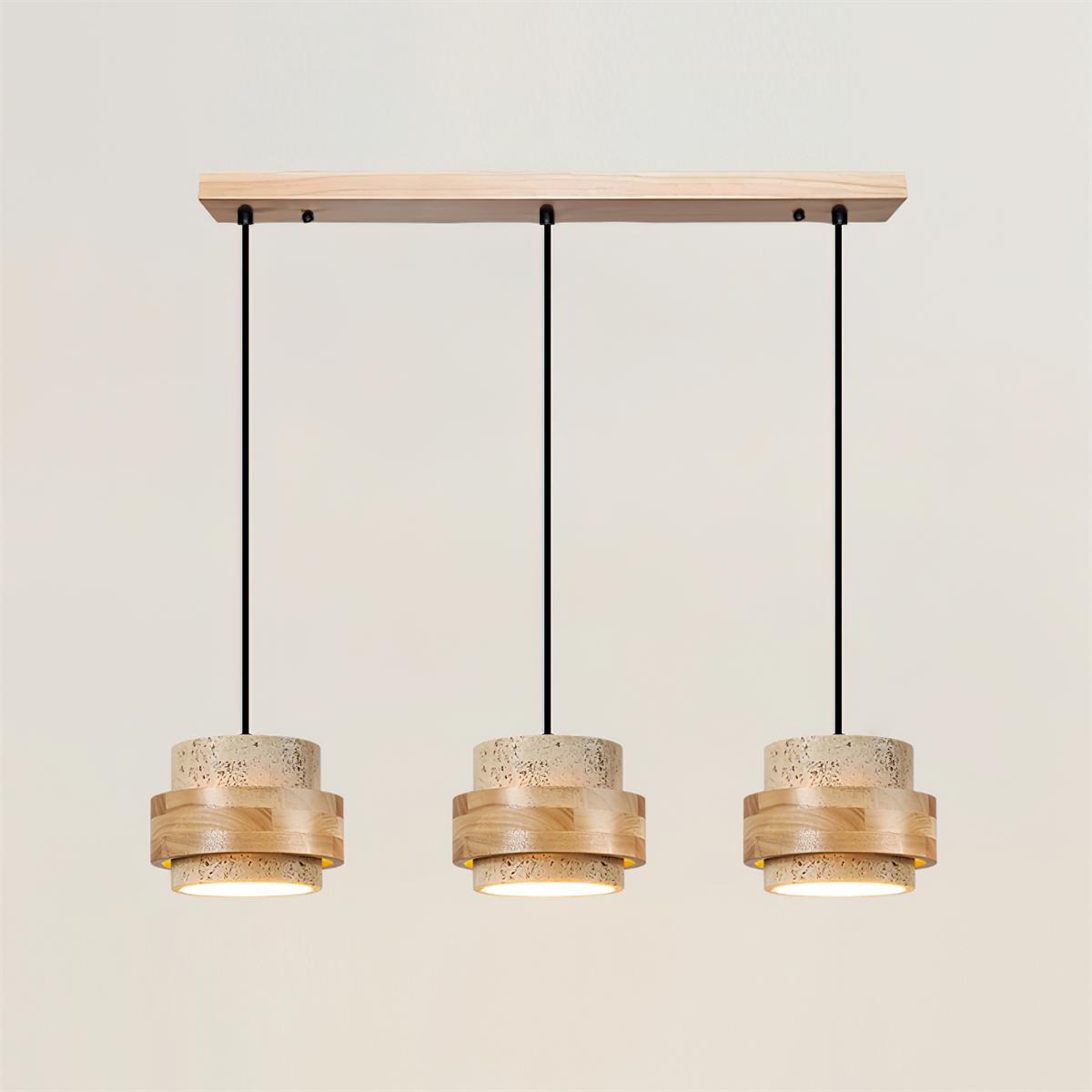 Terra | Natural Travertine Pendant Light with Walnut Band, Hanging Lamp for Dining Table