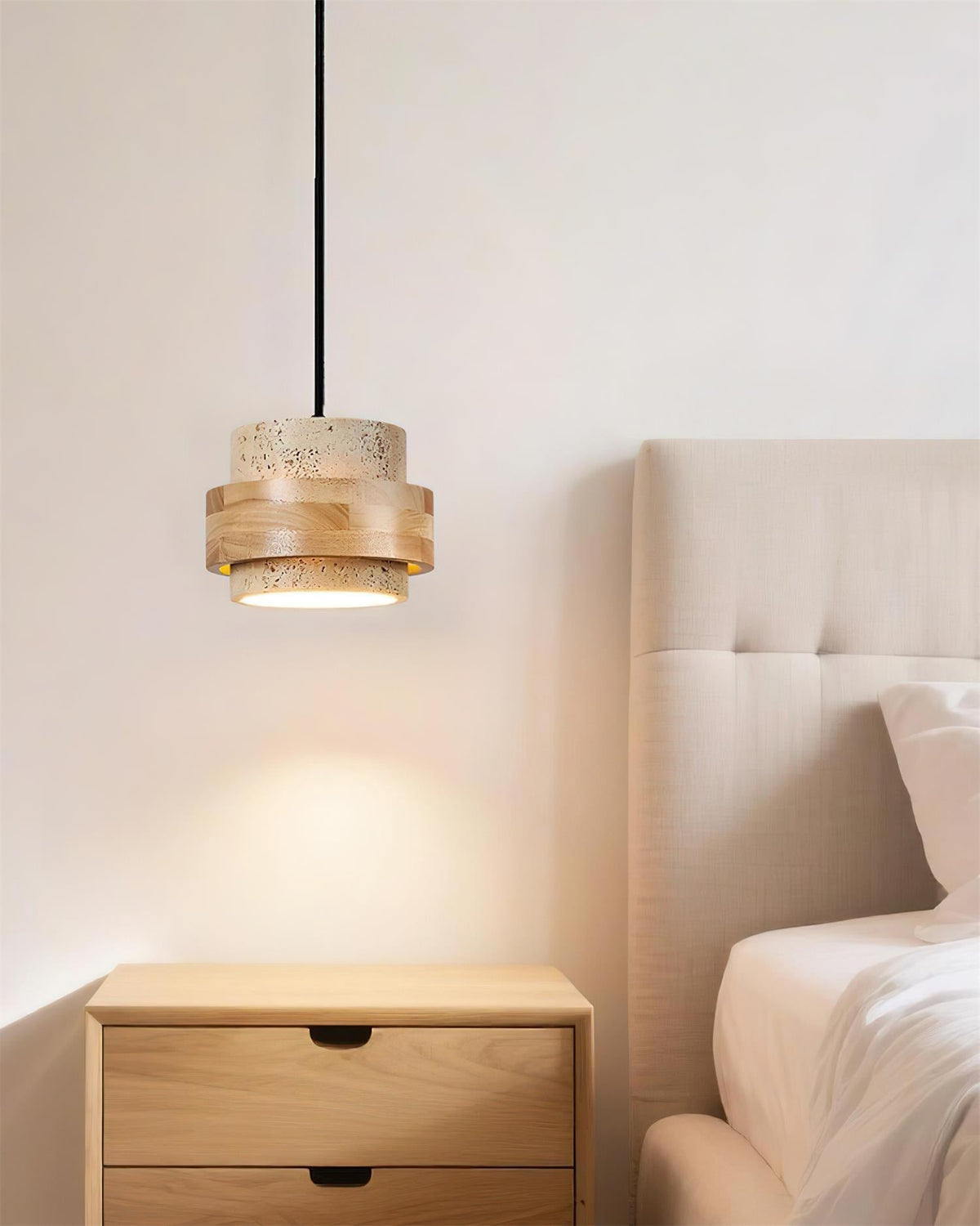 Terra | Natural Travertine Pendant Light with Walnut Band, Hanging Lamp for Dining Table