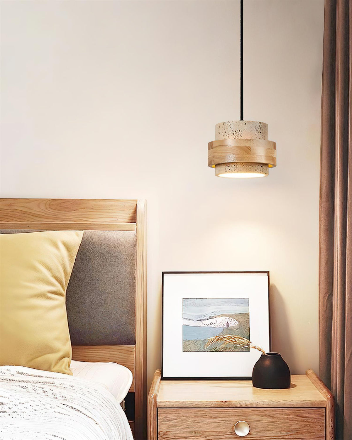 Terra | Natural Travertine Pendant Light with Walnut Band, Hanging Lamp for Dining Table
