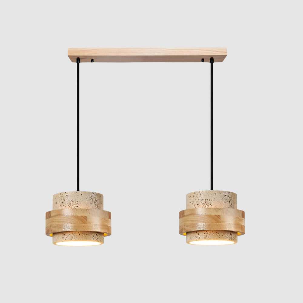 Terra | Natural Travertine Pendant Light with Walnut Band, Hanging Lamp for Dining Table