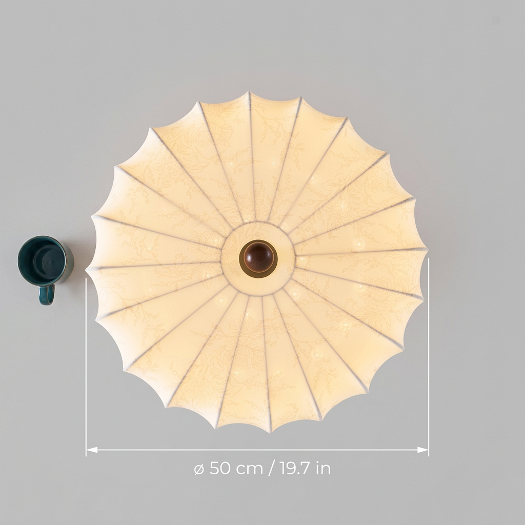 Rosa | Flush Mount LED Ceiling Light with Floral Fabric Shade, Walnut Canopy for Bedroom