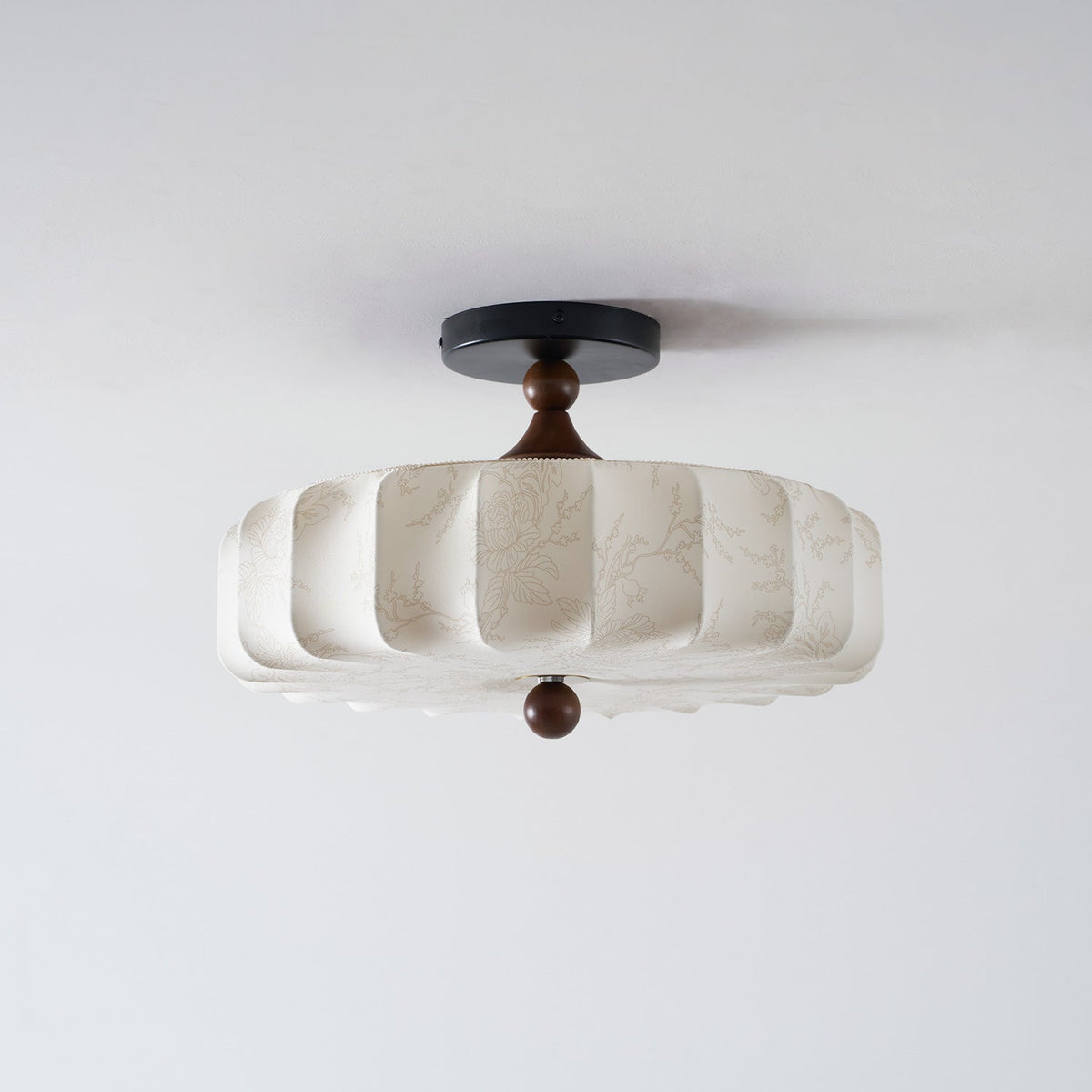 Rosa | Flush Mount LED Ceiling Light with Floral Fabric Shade, Walnut Canopy for Bedroom