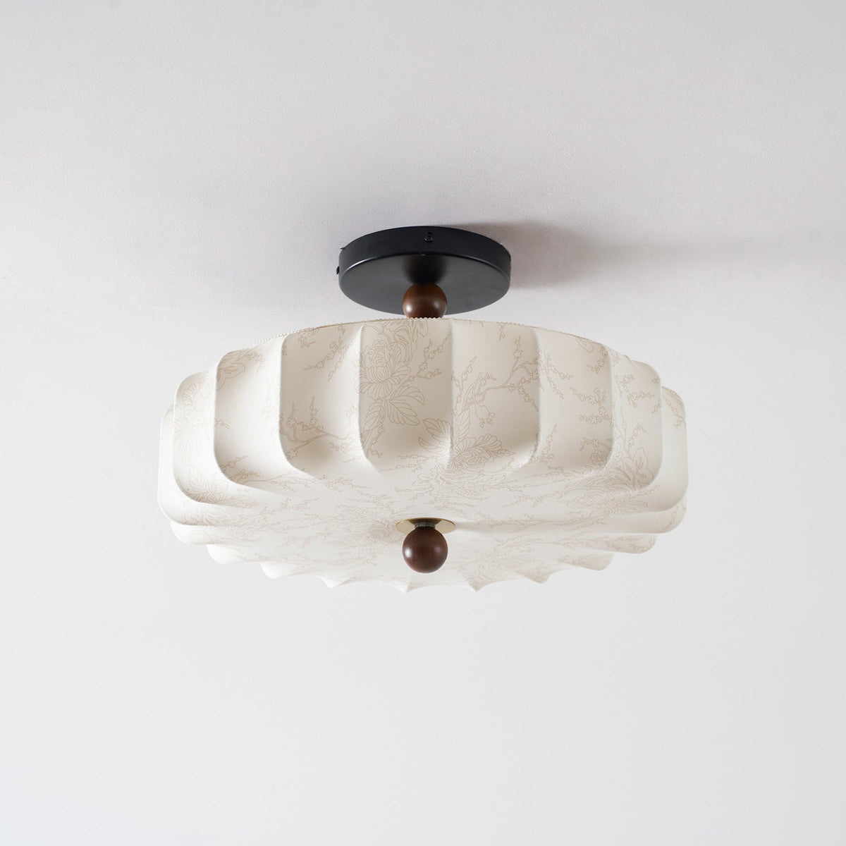Rosa | Flush Mount LED Ceiling Light with Floral Fabric Shade, Walnut Canopy for Bedroom