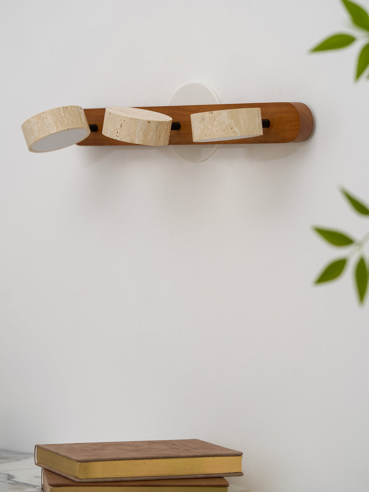 Travertine Stone Wall Sconce with Dimmable LED | Natural Wood Accent for Warm Ambient Glow
