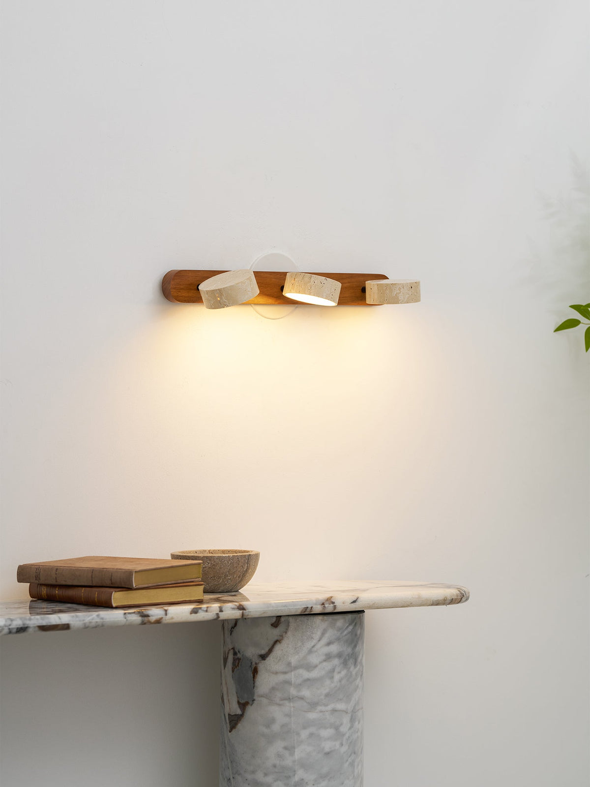 Travertine Stone Wall Sconce with Dimmable LED | Natural Wood Accent for Warm Ambient Glow