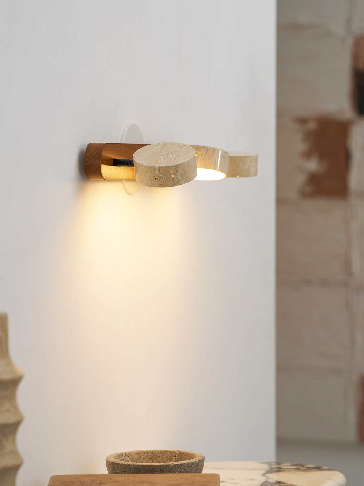 Travertine Stone Wall Sconce with Dimmable LED | Natural Wood Accent for Warm Ambient Glow