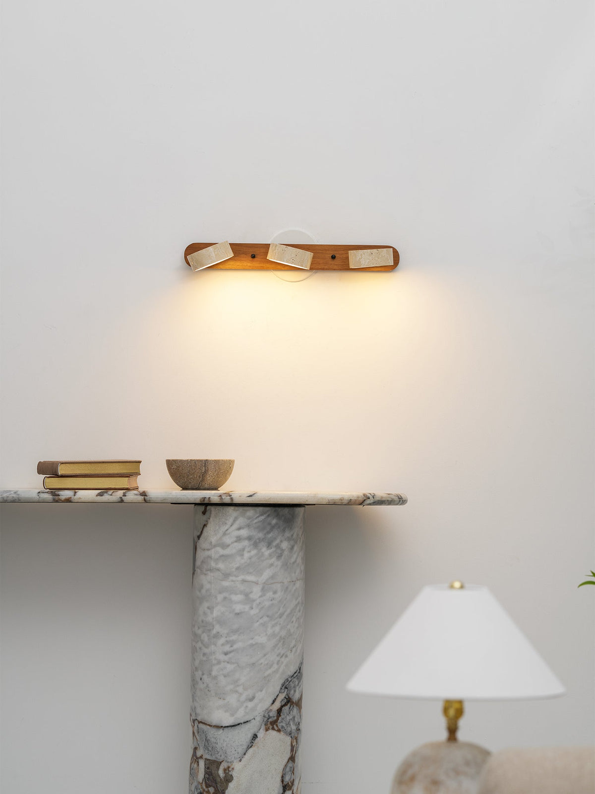 Travertine Stone Wall Sconce with Dimmable LED | Natural Wood Accent for Warm Ambient Glow