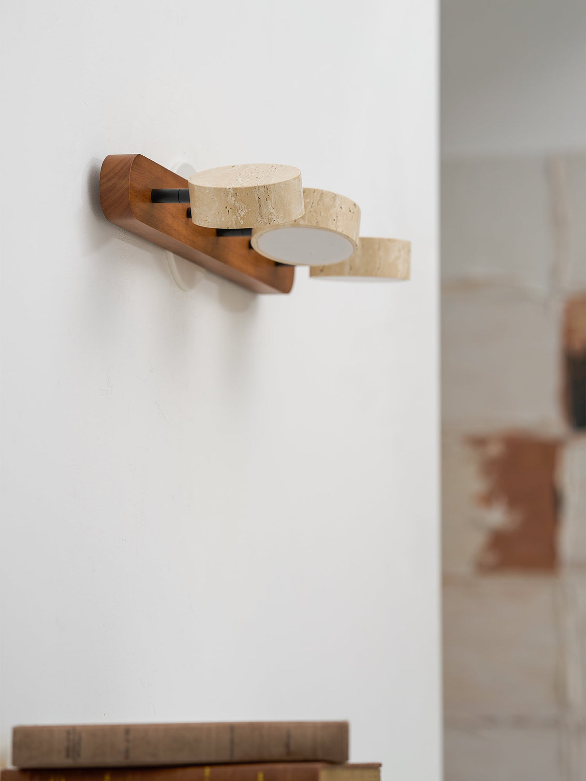 Travertine Stone Wall Sconce with Dimmable LED | Natural Wood Accent for Warm Ambient Glow