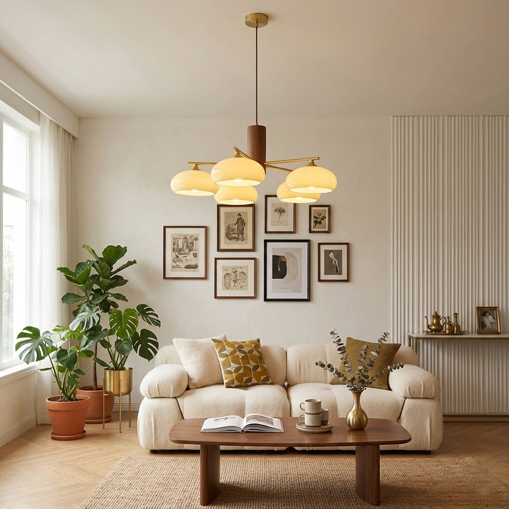 Elliptical Glass Globe Chandelier with Brass Arms | Dining Table Light Fixture