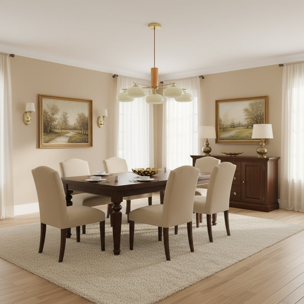 Elliptical Glass Globe Chandelier with Brass Arms | Dining Table Light Fixture
