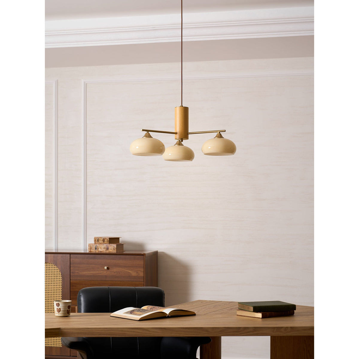 Elliptical Glass Globe Chandelier with Brass Arms | Dining Table Light Fixture