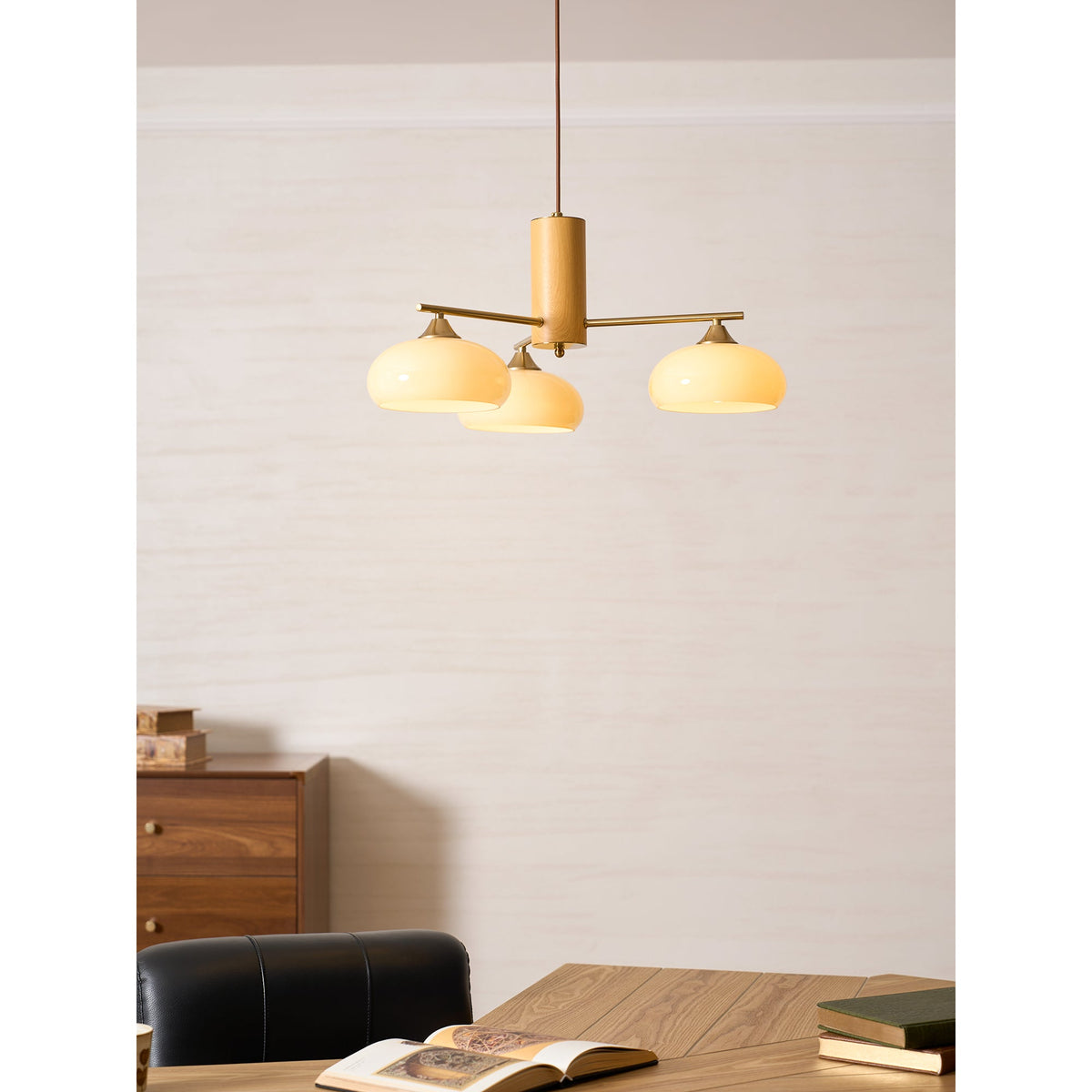 Elliptical Glass Globe Chandelier with Brass Arms | Dining Table Light Fixture