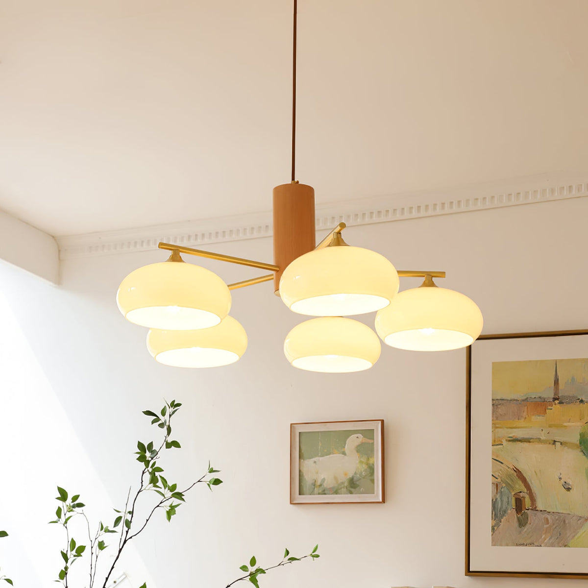 Elliptical Glass Globe Chandelier with Brass Arms | Dining Table Light Fixture