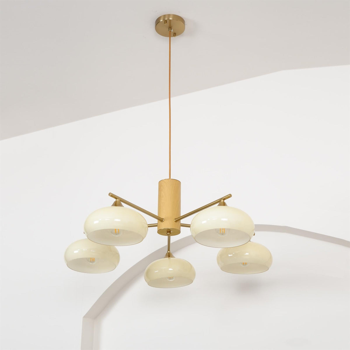 Elliptical Glass Globe Chandelier with Brass Arms | Dining Table Light Fixture