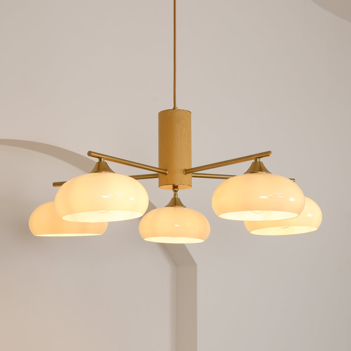 Elliptical Glass Globe Chandelier with Brass Arms | Dining Table Light Fixture