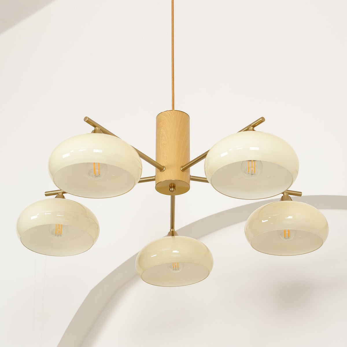 Elliptical Glass Globe Chandelier with Brass Arms | Dining Table Light Fixture