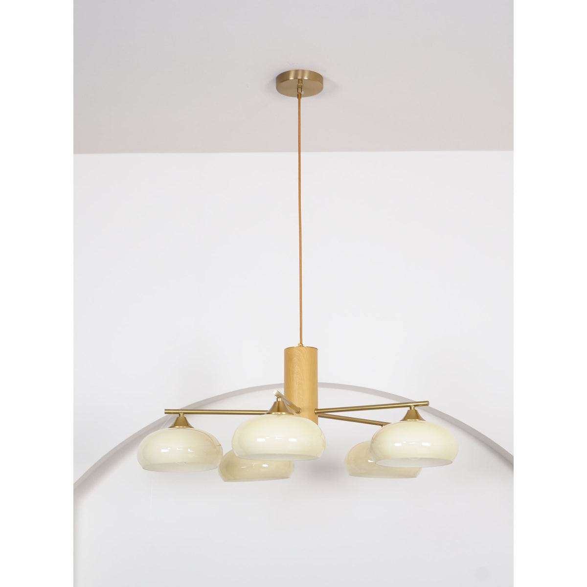 Elliptical Glass Globe Chandelier with Brass Arms | Dining Table Light Fixture
