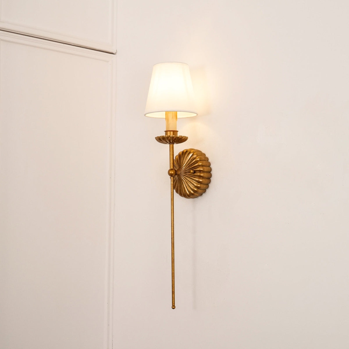 Gold Leaf Double Wall Sconce with Fabric Shades | Candle-Style Light for Hallways
