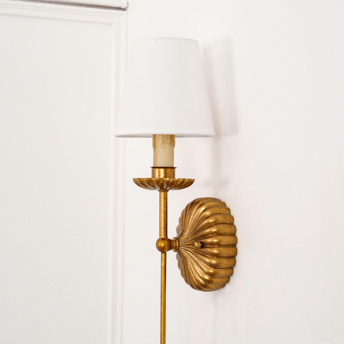 Gold Leaf Double Wall Sconce with Fabric Shades | Candle-Style Light for Hallways