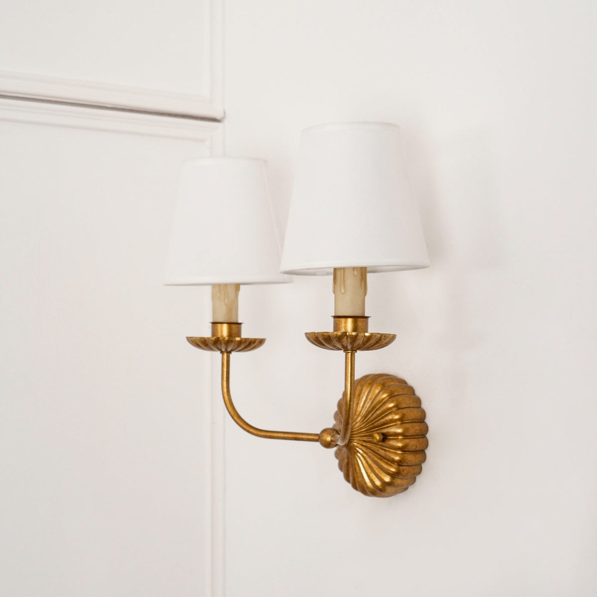 Gold Leaf Double Wall Sconce with Fabric Shades | Candle-Style Light for Hallways