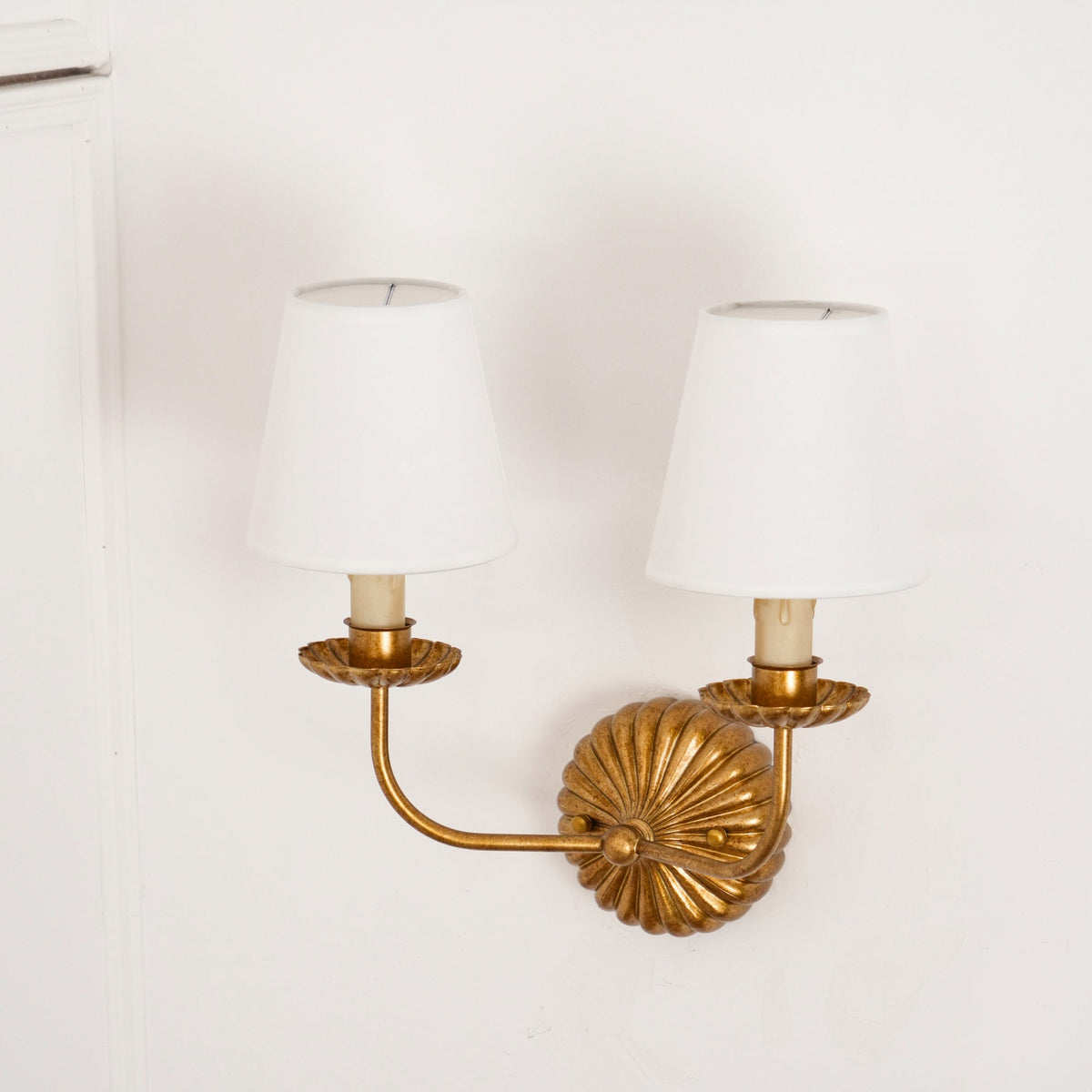 Gold Leaf Double Wall Sconce with Fabric Shades | Candle-Style Light for Hallways