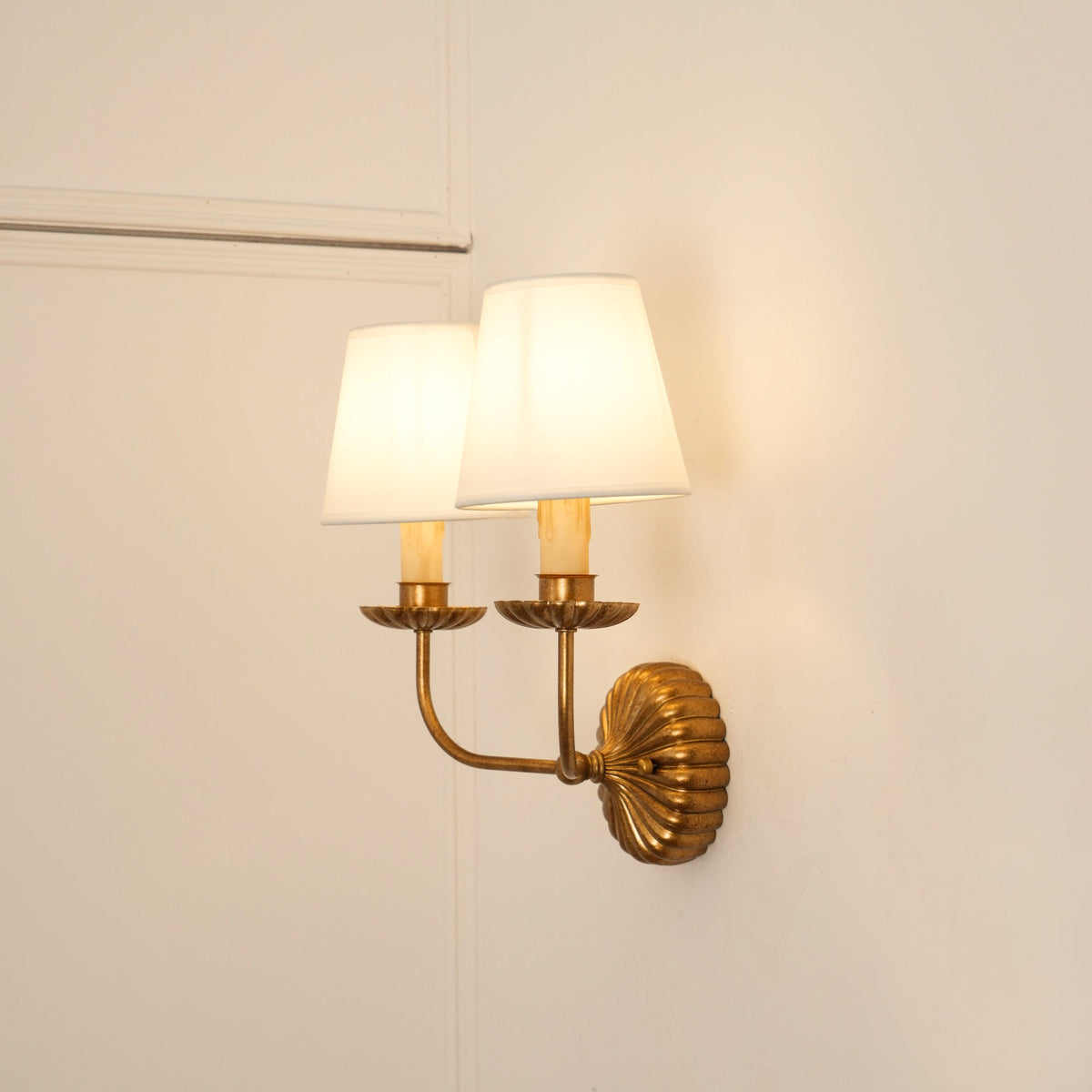 Gold Leaf Double Wall Sconce with Fabric Shades | Candle-Style Light for Hallways