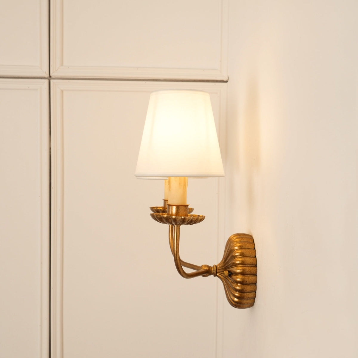 Gold Leaf Double Wall Sconce with Fabric Shades | Candle-Style Light for Hallways