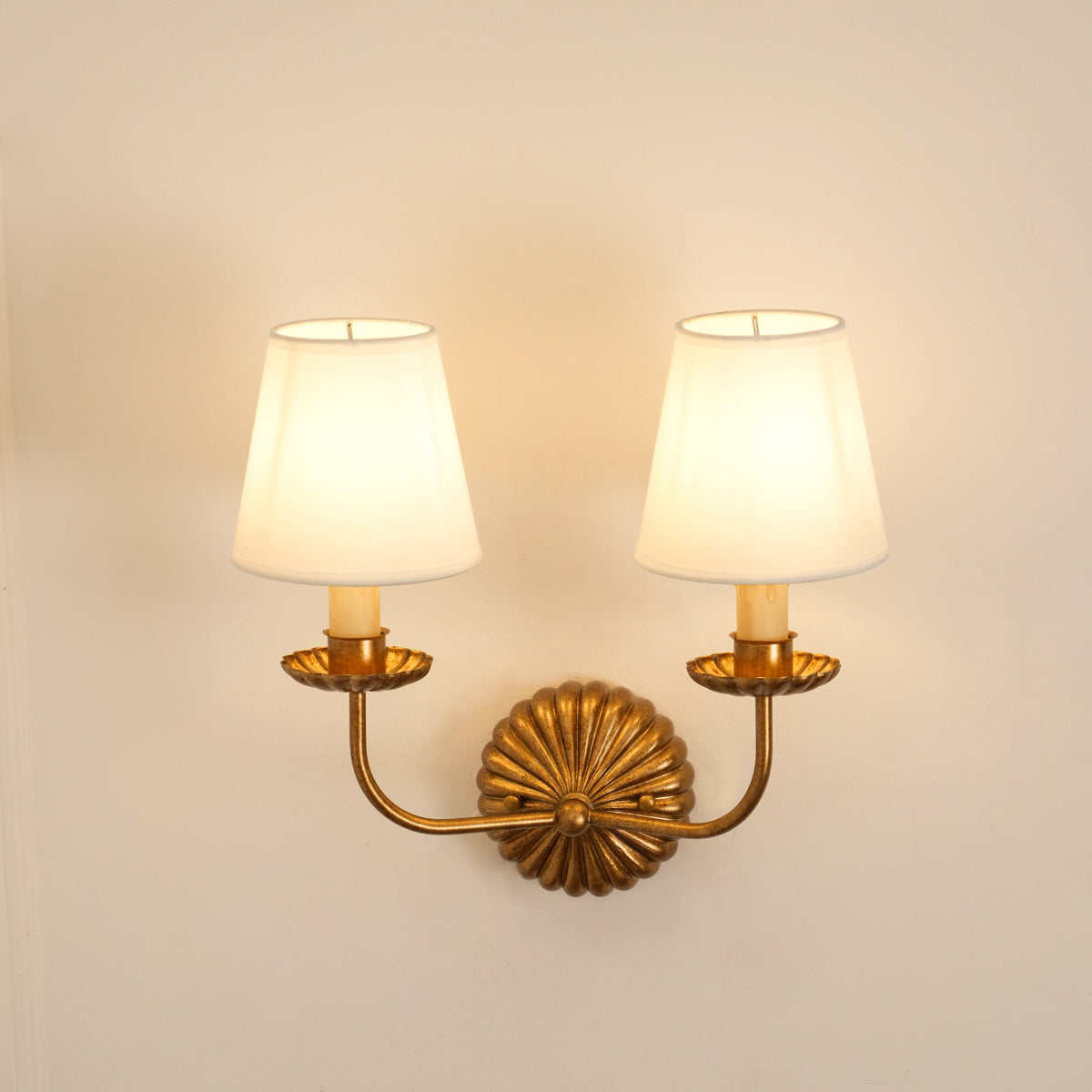 Gold Leaf Double Wall Sconce with Fabric Shades | Candle-Style Light for Hallways