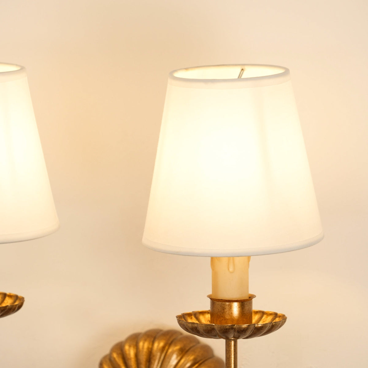 Gold Leaf Double Wall Sconce with Fabric Shades | Candle-Style Light for Hallways